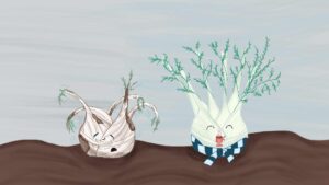 Rappresentazione di due piante di finocchi. Una pianta è stata colpita dal freddo mentre l'altra è sana. Impara come proteggere le piante dal freddo per evitare tutto questo.