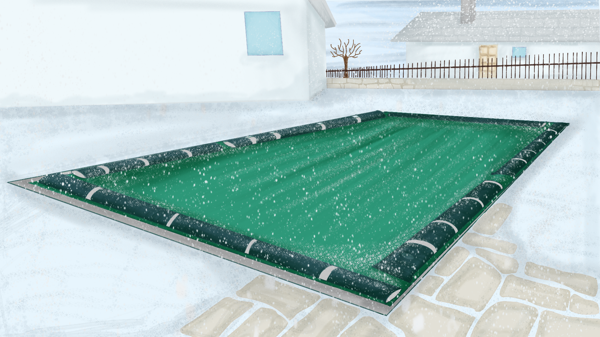 Immagine di una piscina coperta dalla neve che è stata precedentemente preparata per la chiusura invernale della piscina.