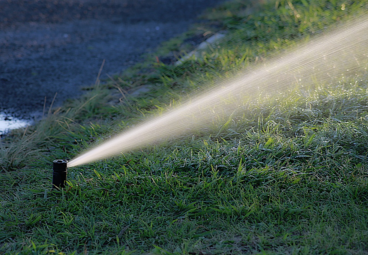 Immagine di un irrigatore in funzione che innaffia un prato, da installare durante la preparazione del terreno prima della semina