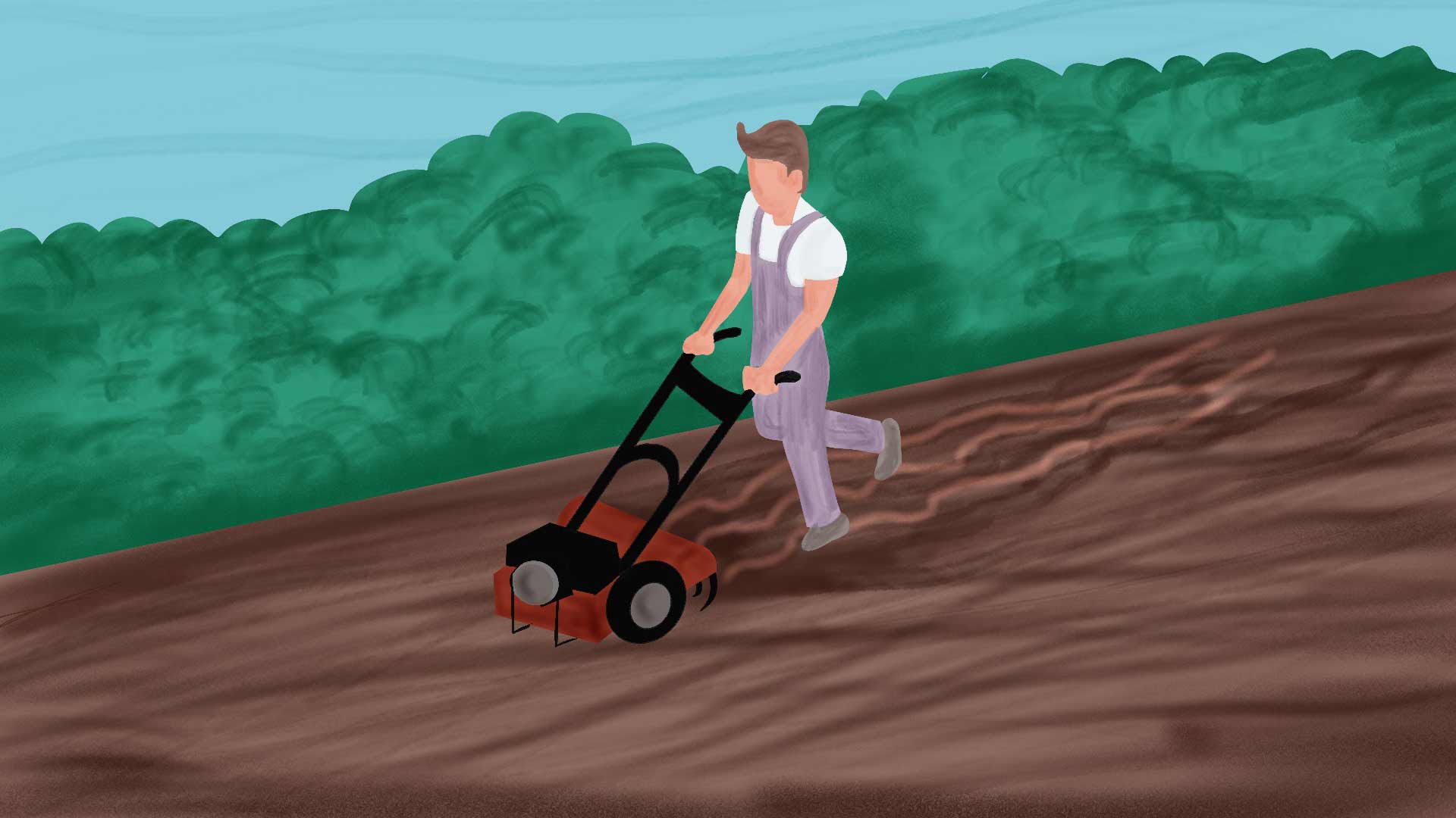 Uomo che ara per preparare il terreno per la semina del prato