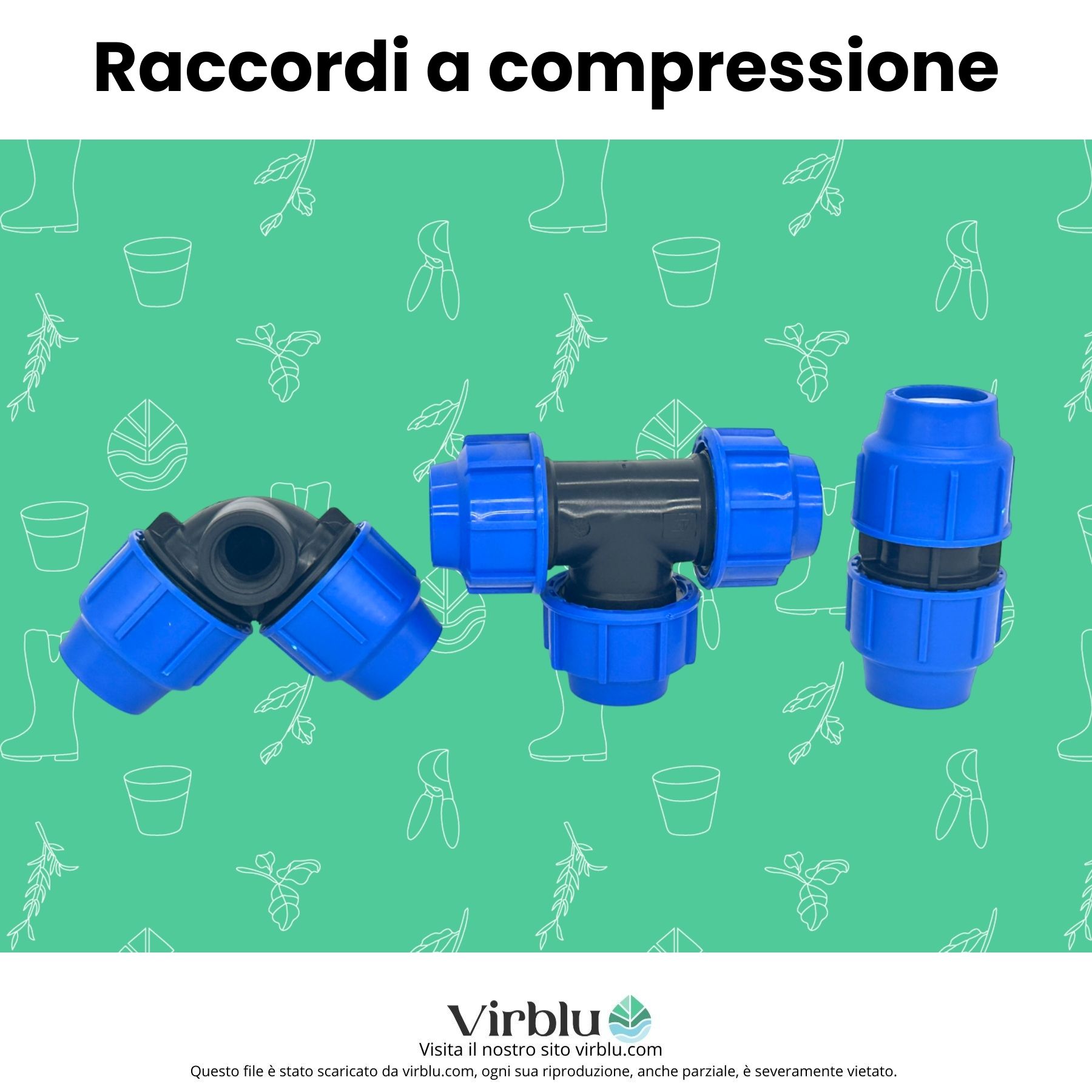 Immagine di una serie di raccordi a compressione utili collegare le varie sezioni del prato per irrigare il prato e da montare durante la preparazione del terreno per la semina del prato